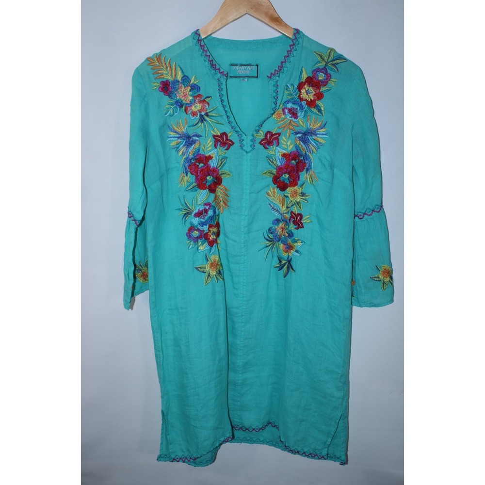 Johnny Was Workshop Women's XS Teal Ramie V-Neck Mini Tunic Dress